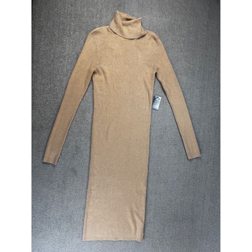 Express Dress Womens Small Tan Ribbed Turtleneck Midi Long Sleeve Fall Chic NEW